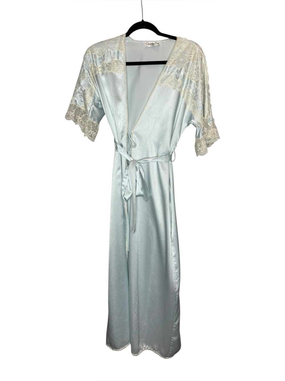 Vintage Christian Dior Satin Lace Long Robe S Blue Ivory